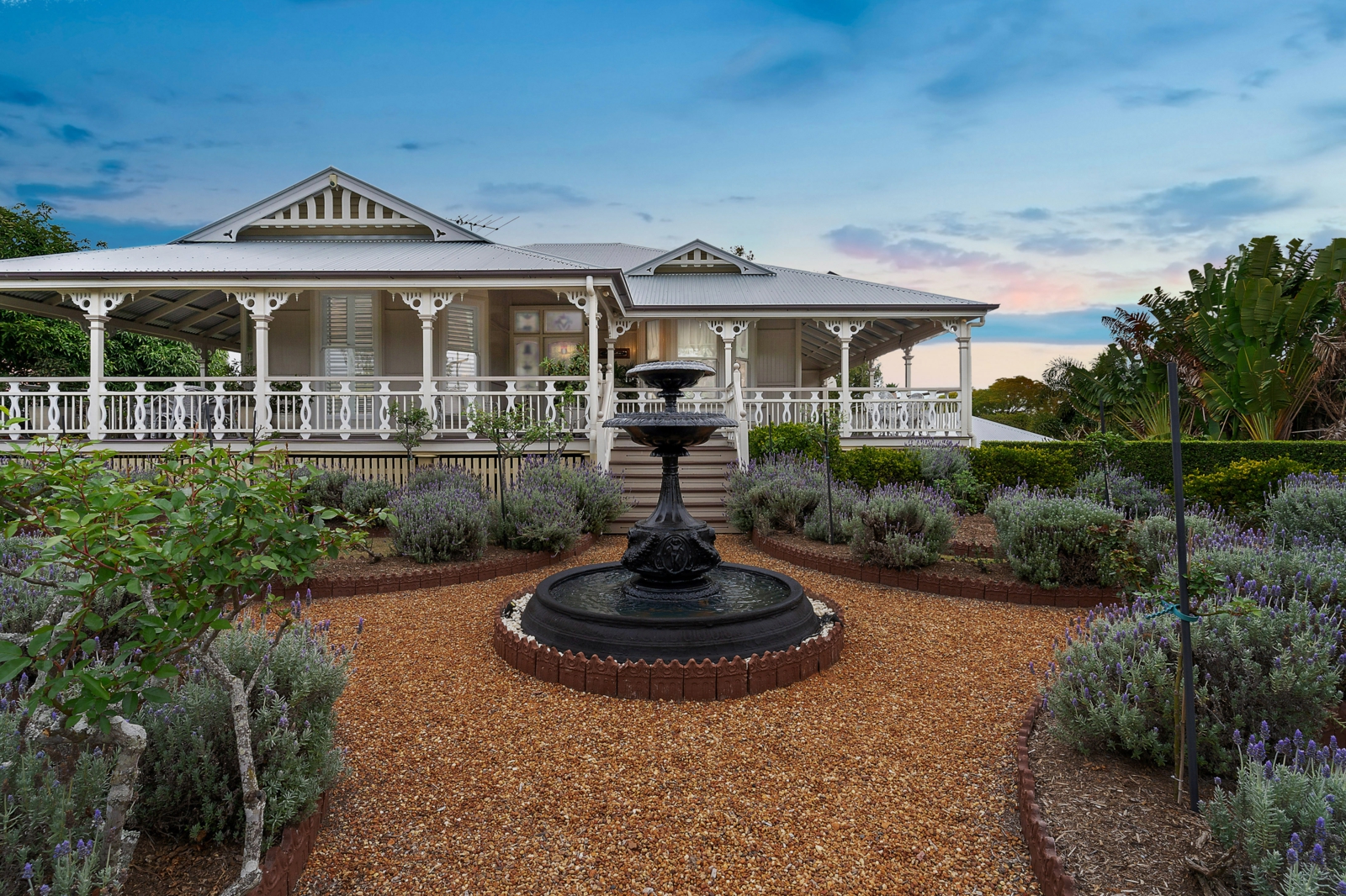 Front Courtyard with Water Fountain Dusk
